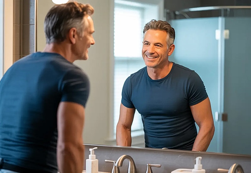 Man smiling in mirror, bathroom setting
