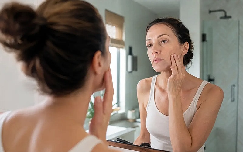 Woman applying skincare in bathroom mirror.