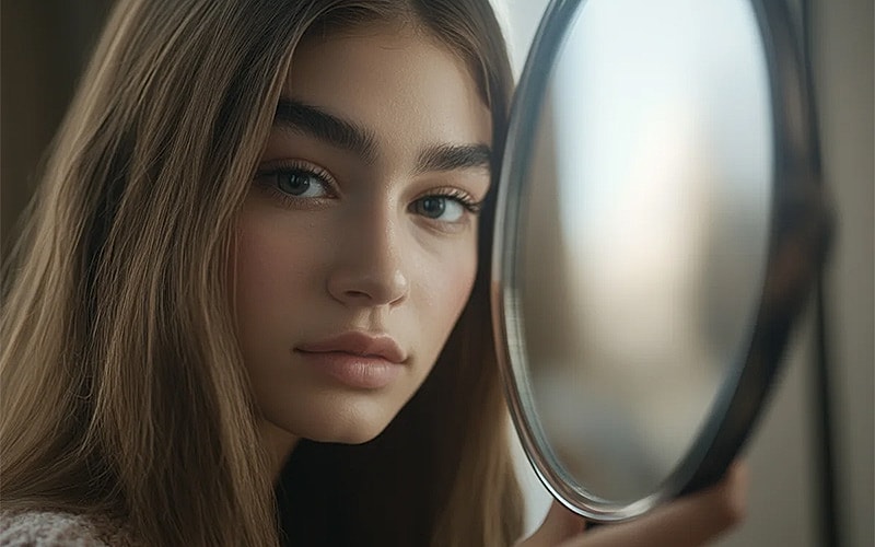 Young woman gazing into a hand mirror.