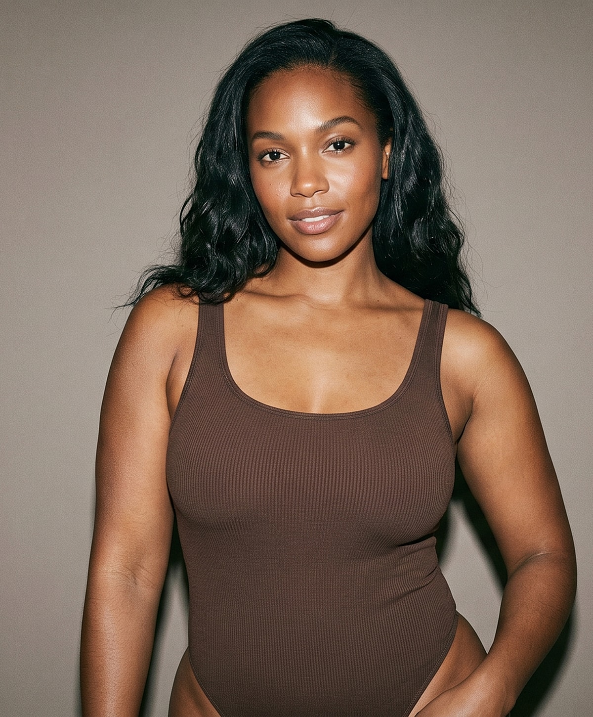 Model in a brown swimsuit against a neutral background.