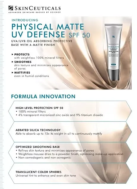 SkinCeuticals Physical Matte UV Defense SPF 50 sunscreen product with formula innovation details