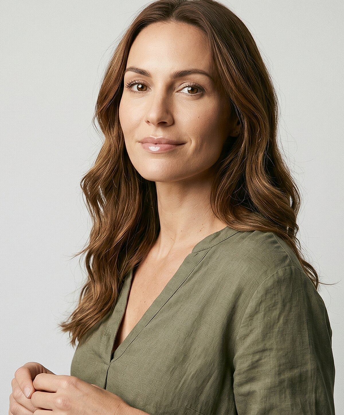 Woman with long hair smiling in green top
