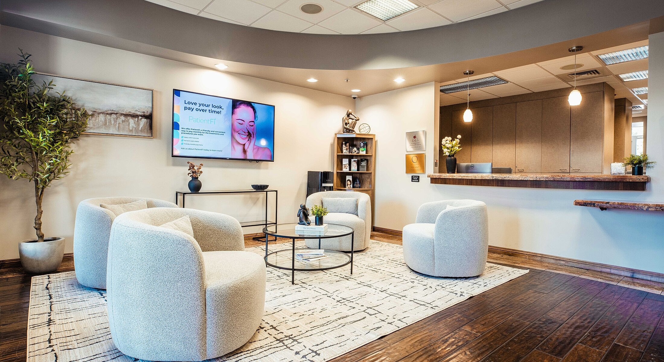 Modern waiting area with comfortable seating and decor.