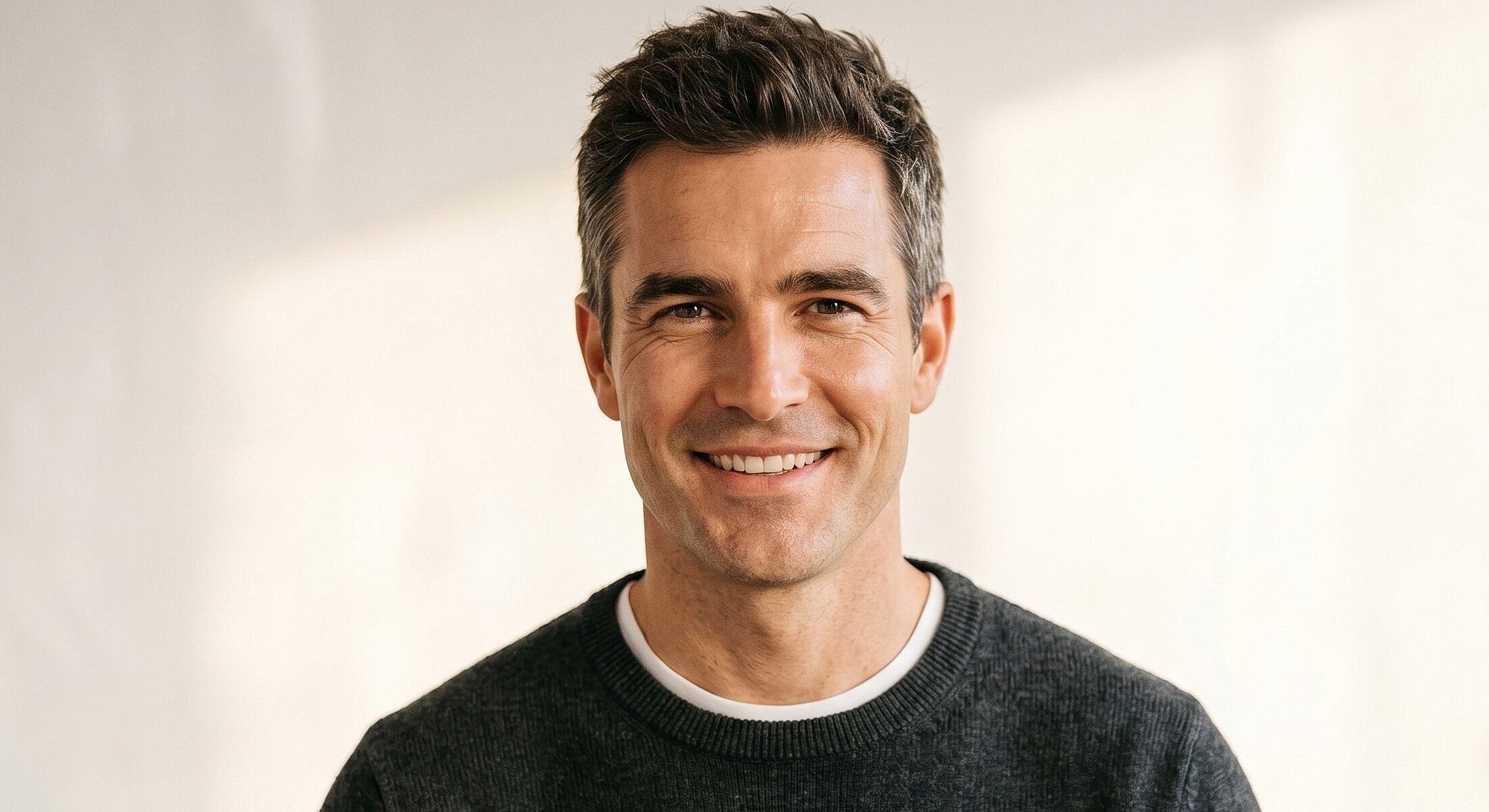 Smiling man in a grey sweater.