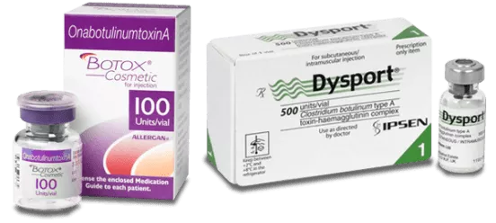 Botox and Dysport injectable vials and packaging for wrinkle relaxation treatment