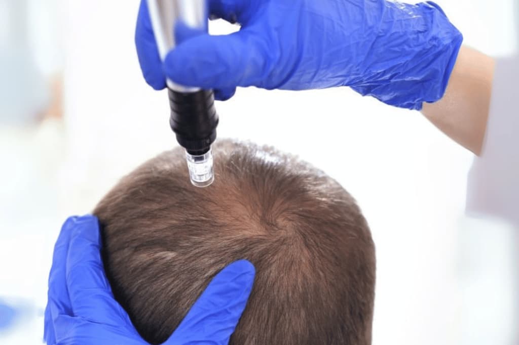 Clinician applying hair restoration treatment to patient's scalp with applicator