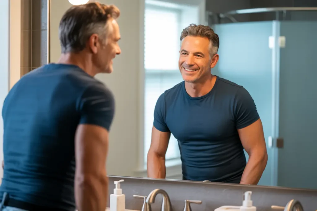 Gynecomastia surgery post-surgical results for a man in his early 40s